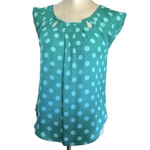 LC Lauren Conrad Green Teal Polka Dot Blouse, Front Bow Cutout Detail Size XS